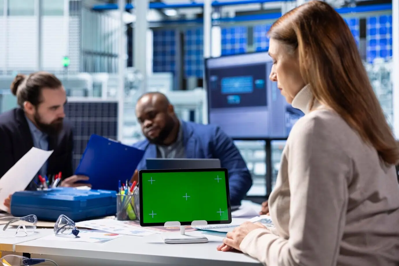 Специалист завода солнечных панелей, использующий планшет с хромакеем для изучения энергетических систем.